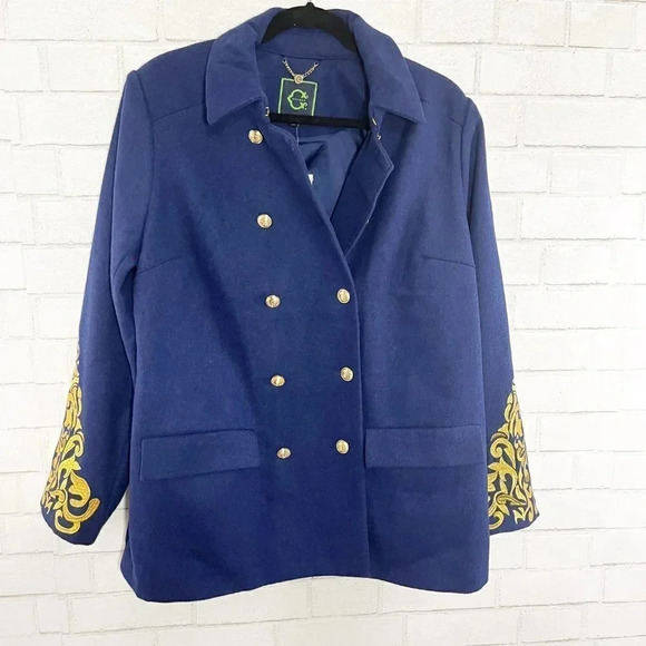 C. Wonder Blue & Gold Embroidered Button Front Pea Coat Women's Plus Size 14 - Picture 1 of 7